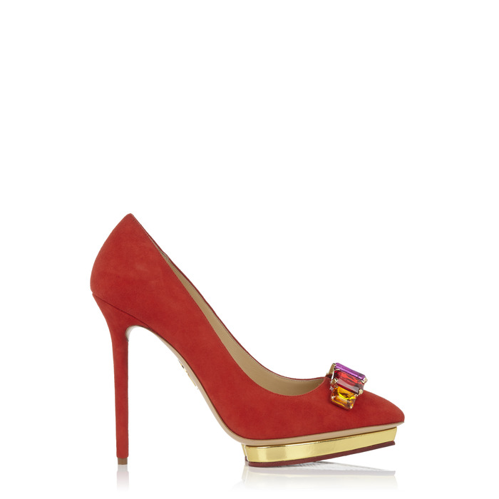 Charlotte Olympia 寶石飾紅色麂皮高跟鞋